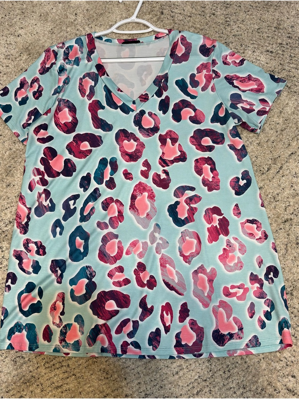 Women’s V-Neck Leopard Print Top in Turquoise and Pink